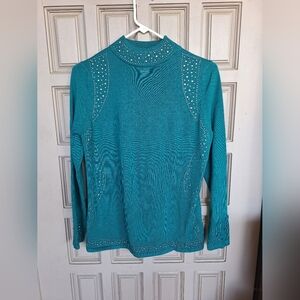Questions? Hi Neck Sweater SzL Rhinestone Embellishment Teal Long Sleeve Classic
